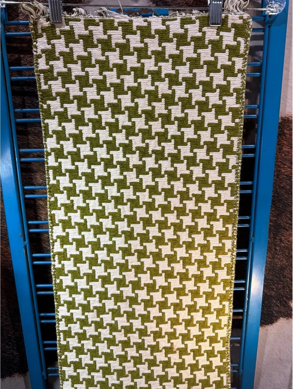 Vintage Olive Green and Cream Houndstooth Table Runner